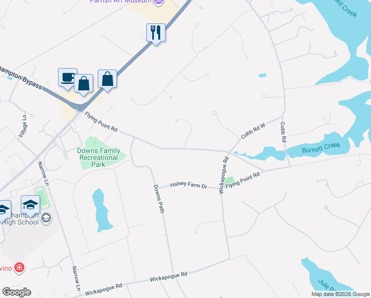 map of restaurants, bars, coffee shops, grocery stores, and more near Flying Point Road in Southampton