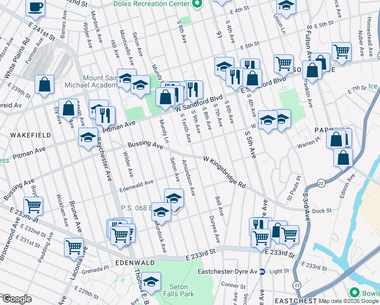 map of restaurants, bars, coffee shops, grocery stores, and more near 141 West 7th Street in Mount Vernon