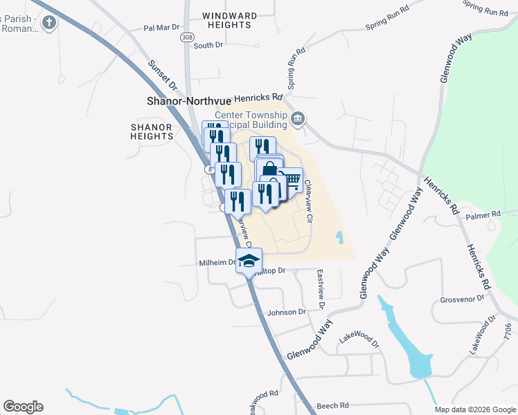 map of restaurants, bars, coffee shops, grocery stores, and more near 101 Clearview Circle in Butler