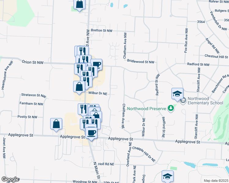 map of restaurants, bars, coffee shops, grocery stores, and more near 1740 Beechwood Avenue Northeast in North Canton