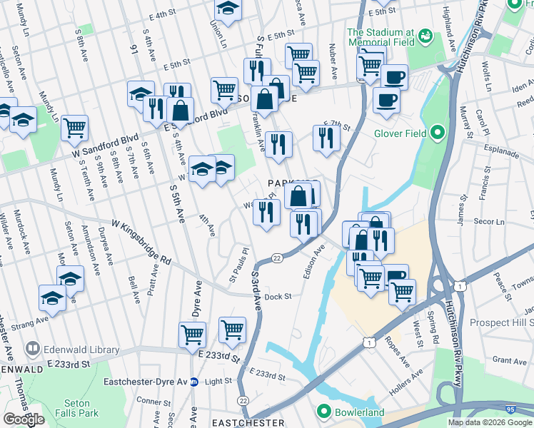 map of restaurants, bars, coffee shops, grocery stores, and more near 30 Warren Place in Mount Vernon