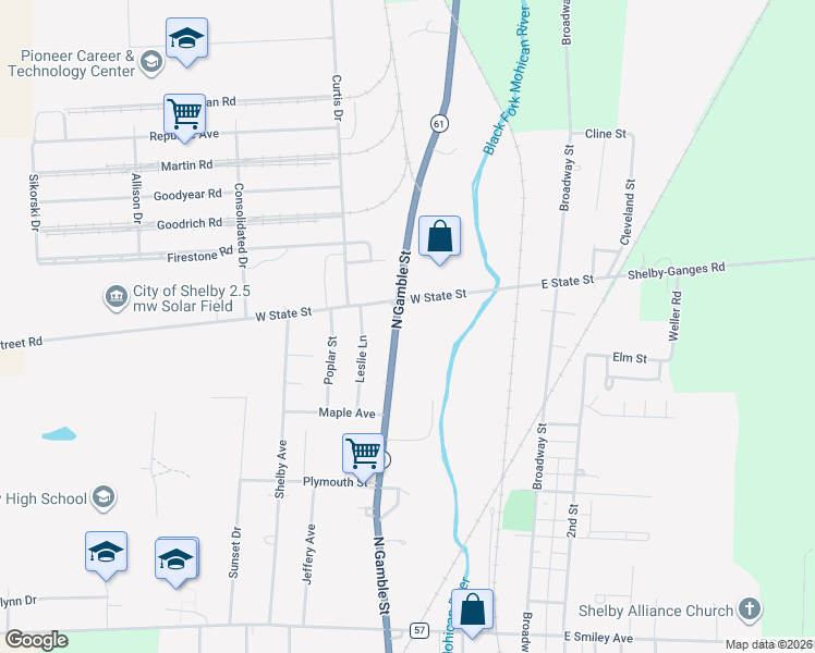 map of restaurants, bars, coffee shops, grocery stores, and more near 26-28 West State Street in Shelby