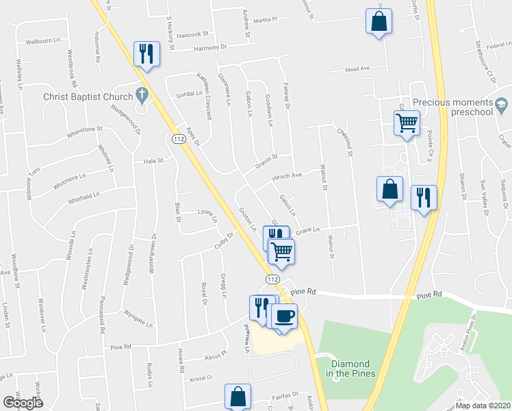 map of restaurants, bars, coffee shops, grocery stores, and more near 22 Glenmere Lane in Coram