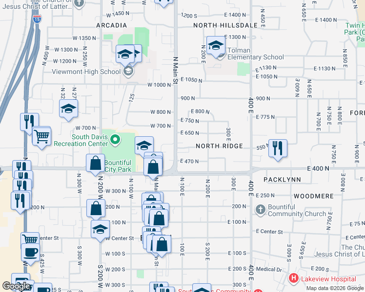 map of restaurants, bars, coffee shops, grocery stores, and more near 640 North Main Street in Bountiful