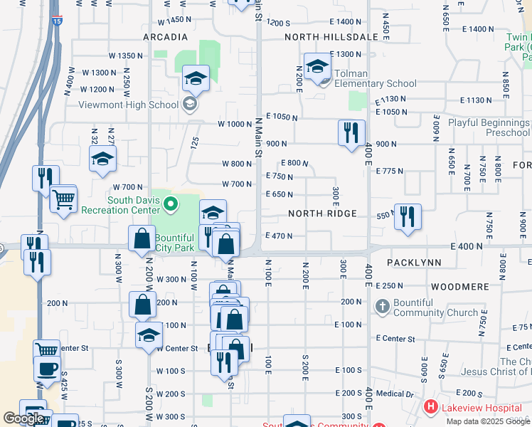map of restaurants, bars, coffee shops, grocery stores, and more near 640 North Main Street in Bountiful