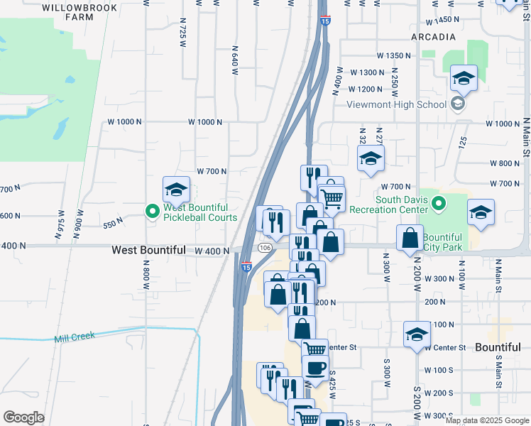 map of restaurants, bars, coffee shops, grocery stores, and more near 570 Evergreen Circle in West Bountiful