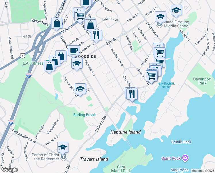 map of restaurants, bars, coffee shops, grocery stores, and more near 15 Lee Court in New Rochelle