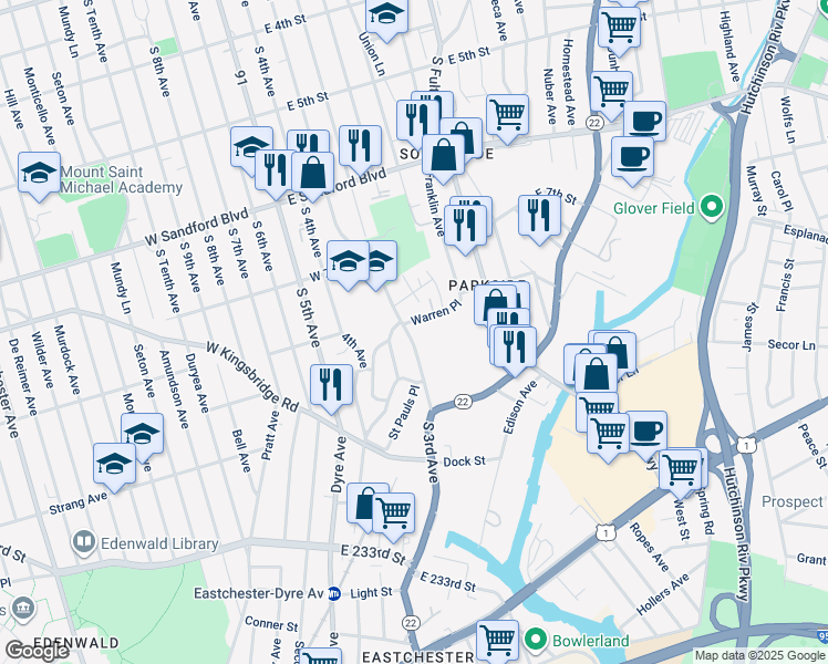 map of restaurants, bars, coffee shops, grocery stores, and more near 653 South 3rd Avenue in Mount Vernon