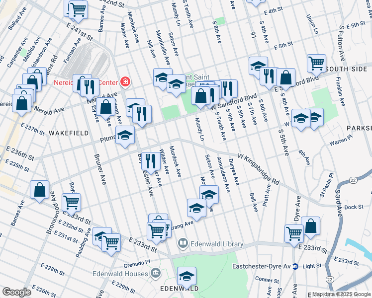 map of restaurants, bars, coffee shops, grocery stores, and more near 2106 Bussing Avenue in Bronx