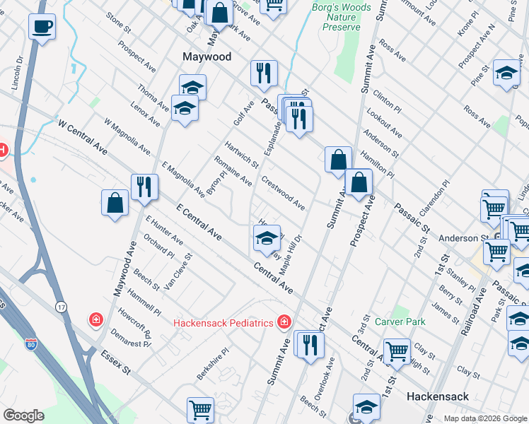 map of restaurants, bars, coffee shops, grocery stores, and more near 474 Blanchard Terrace in Hackensack