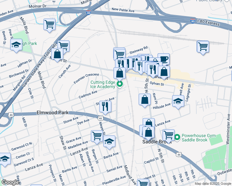 map of restaurants, bars, coffee shops, grocery stores, and more near 86 South Midland Avenue in Elmwood Park
