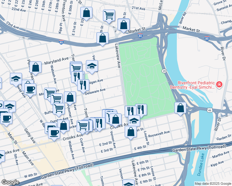 map of restaurants, bars, coffee shops, grocery stores, and more near 366 Delaware Avenue in Paterson