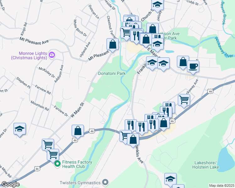 map of restaurants, bars, coffee shops, grocery stores, and more near 127 Franklin Avenue in Rockaway