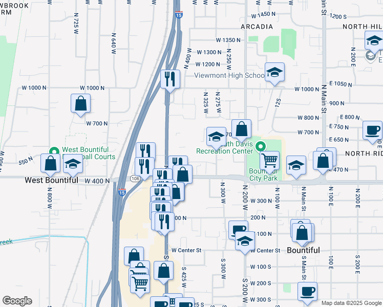 map of restaurants, bars, coffee shops, grocery stores, and more near 430 West 400 North in Bountiful