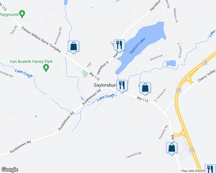 map of restaurants, bars, coffee shops, grocery stores, and more near Route 115 in Saylorsburg