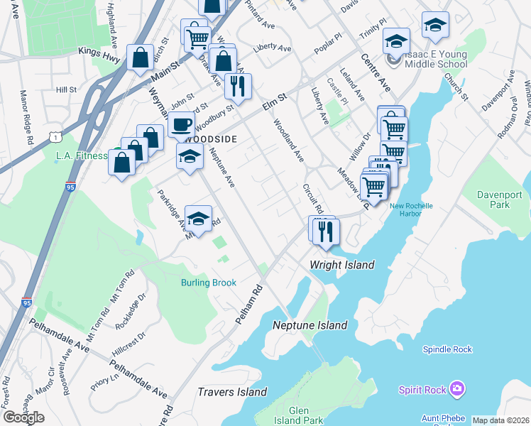 map of restaurants, bars, coffee shops, grocery stores, and more near 15 Lee Court in New Rochelle