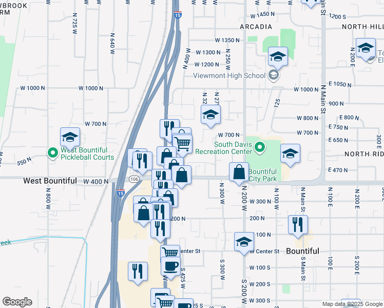map of restaurants, bars, coffee shops, grocery stores, and more near 430 West 400 North in Bountiful