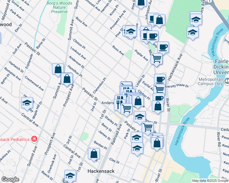 map of restaurants, bars, coffee shops, grocery stores, and more near 220 Anderson Street in Hackensack