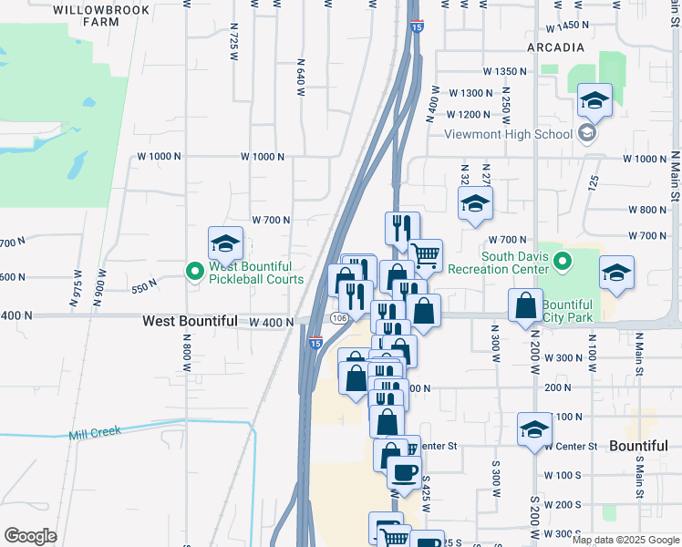 map of restaurants, bars, coffee shops, grocery stores, and more near 570 Evergreen Circle in West Bountiful