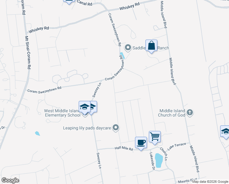 map of restaurants, bars, coffee shops, grocery stores, and more near 11 North Swezeytown Road in Middle Island