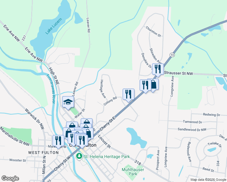 map of restaurants, bars, coffee shops, grocery stores, and more near 370 Waterside Avenue in Canal Fulton