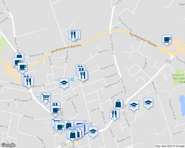 map of restaurants, bars, coffee shops, grocery stores, and more near 66 Powell Avenue in Southampton