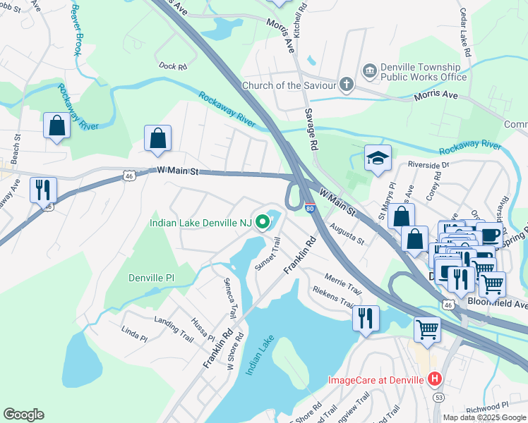 map of restaurants, bars, coffee shops, grocery stores, and more near 97 Sunset Trail in Denville
