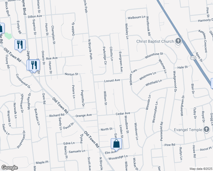 map of restaurants, bars, coffee shops, grocery stores, and more near 15 Locust Avenue in Coram
