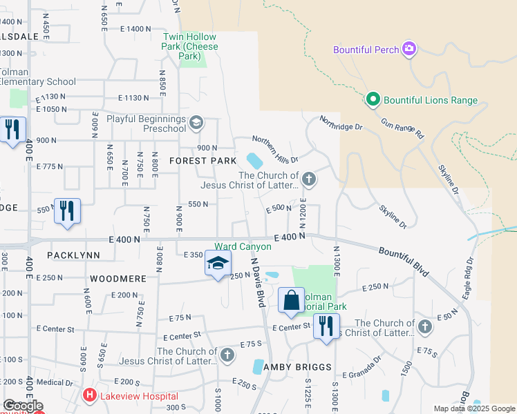 map of restaurants, bars, coffee shops, grocery stores, and more near 551 North 1100 East in Bountiful