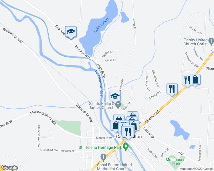 map of restaurants, bars, coffee shops, grocery stores, and more near 575 High Street Northeast in Canal Fulton