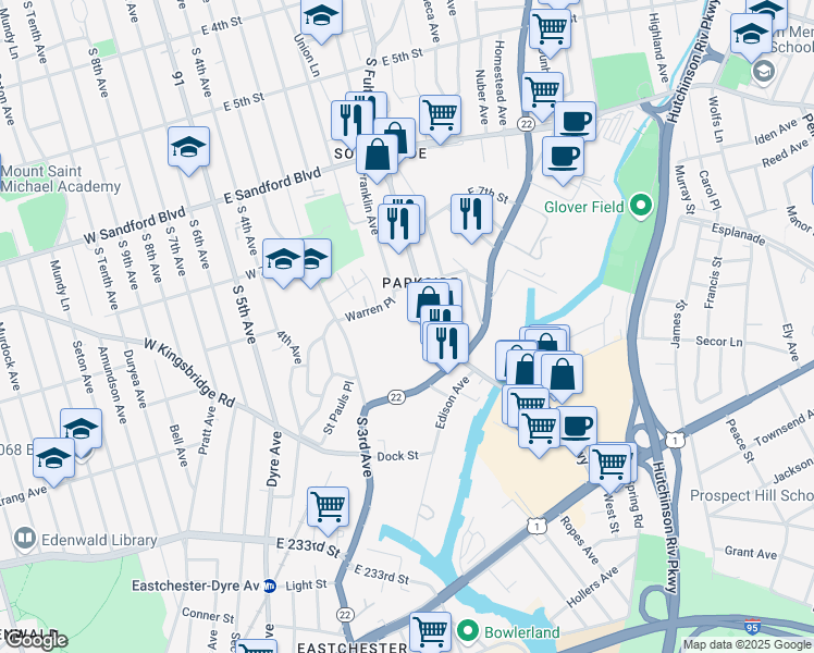 map of restaurants, bars, coffee shops, grocery stores, and more near 700-750 S Fulton Ave in Mt Vernon