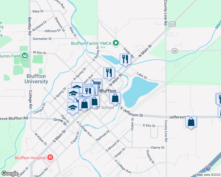 map of restaurants, bars, coffee shops, grocery stores, and more near in Bluffton