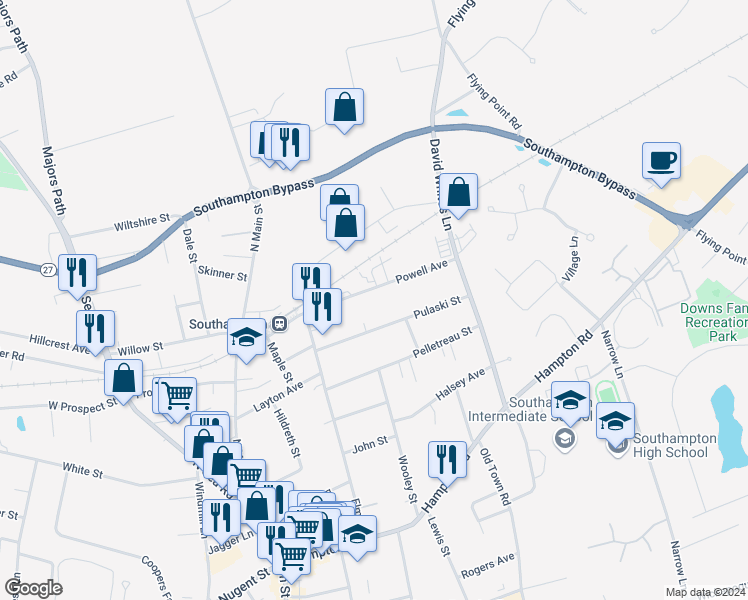 map of restaurants, bars, coffee shops, grocery stores, and more near 87 Powell Avenue in Southampton