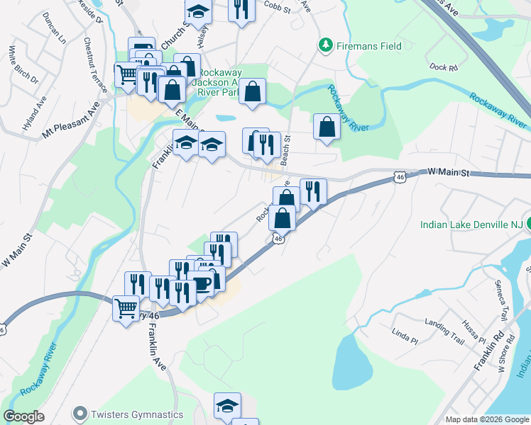 map of restaurants, bars, coffee shops, grocery stores, and more near 4 West Lincoln Avenue in Rockaway