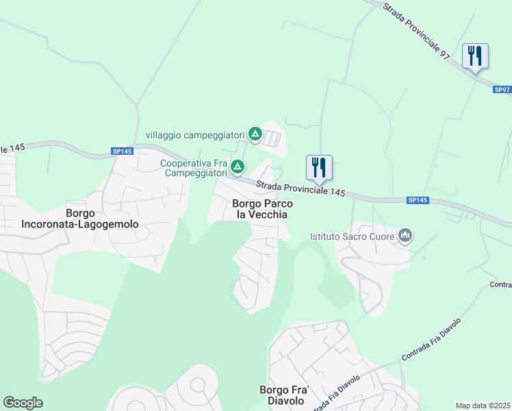 map of restaurants, bars, coffee shops, grocery stores, and more near 1 Contrada Parco La Vecchia in Borgo Parco La Vecchia