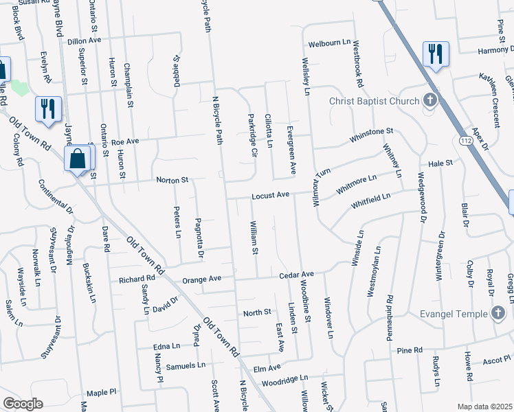 map of restaurants, bars, coffee shops, grocery stores, and more near 15 Locust Avenue in Coram