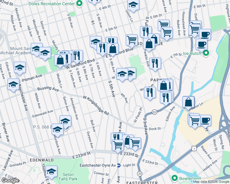 map of restaurants, bars, coffee shops, grocery stores, and more near 630 South 4th Avenue in Mount Vernon