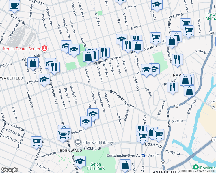 map of restaurants, bars, coffee shops, grocery stores, and more near 114 West 7th Street in Mount Vernon