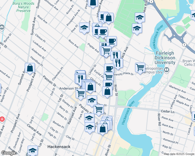 map of restaurants, bars, coffee shops, grocery stores, and more near 39 Euclid Avenue in Hackensack