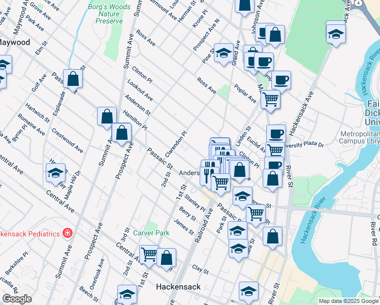 map of restaurants, bars, coffee shops, grocery stores, and more near 245 Anderson Street in Hackensack