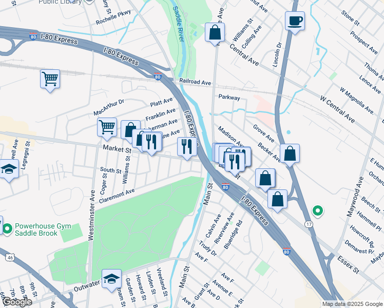 map of restaurants, bars, coffee shops, grocery stores, and more near 25 Saddle River Road in Saddle Brook