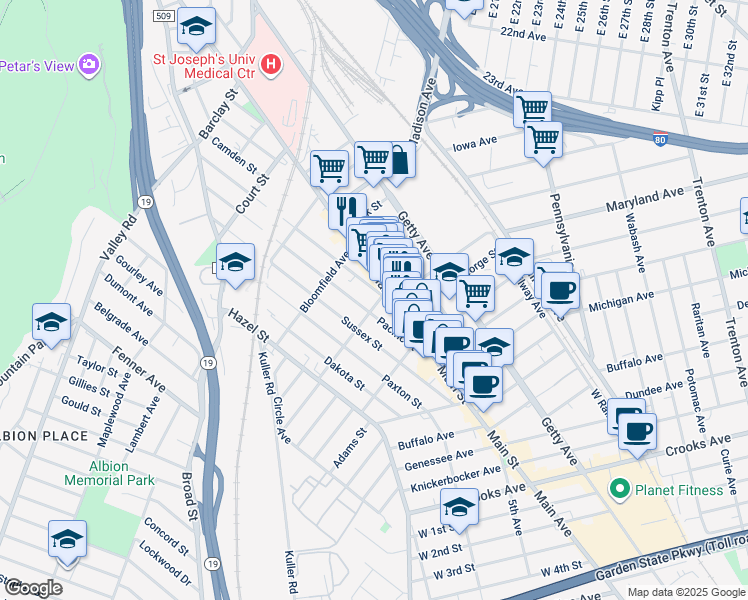 map of restaurants, bars, coffee shops, grocery stores, and more near 332 Atlantic Street in Paterson