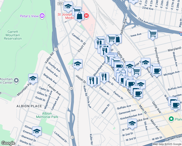 map of restaurants, bars, coffee shops, grocery stores, and more near 266 Sussex Street in Paterson
