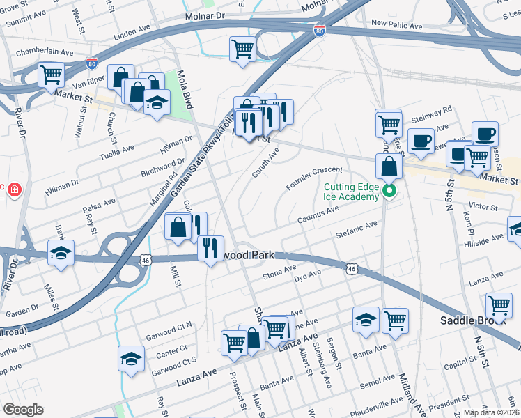 map of restaurants, bars, coffee shops, grocery stores, and more near 16 Bredder Court in Elmwood Park