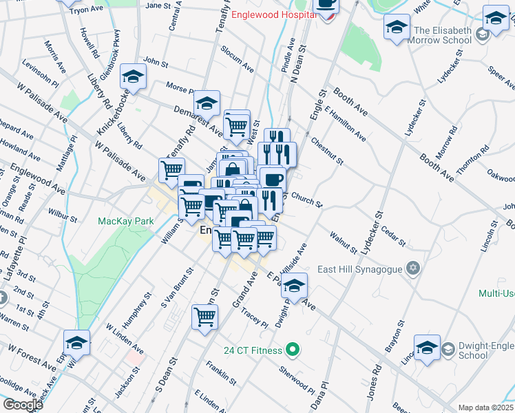 map of restaurants, bars, coffee shops, grocery stores, and more near 25 Park Place in Englewood