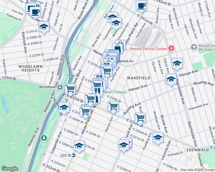 map of restaurants, bars, coffee shops, grocery stores, and more near 4305 Furman Avenue in Bronx