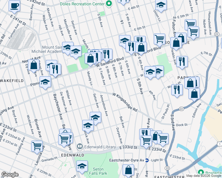 map of restaurants, bars, coffee shops, grocery stores, and more near 114 West 7th Street in Mount Vernon