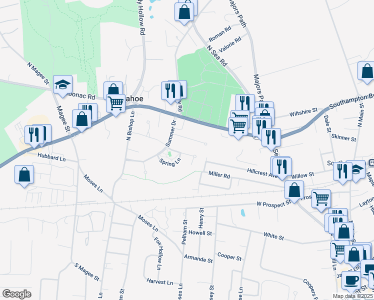 map of restaurants, bars, coffee shops, grocery stores, and more near 8 Winter Way in Southampton