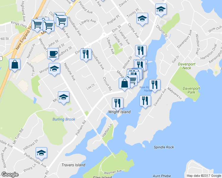 map of restaurants, bars, coffee shops, grocery stores, and more near 21 Circuit Rd in New Rochelle