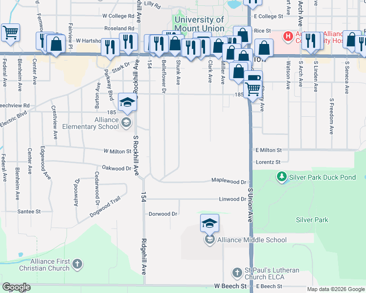 map of restaurants, bars, coffee shops, grocery stores, and more near 2544 Shunk Avenue in Alliance